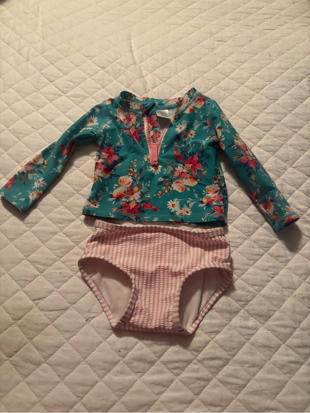 Kids Floral Teal Long-Sleeve Rashguard Set with Pink Stripe Bottoms